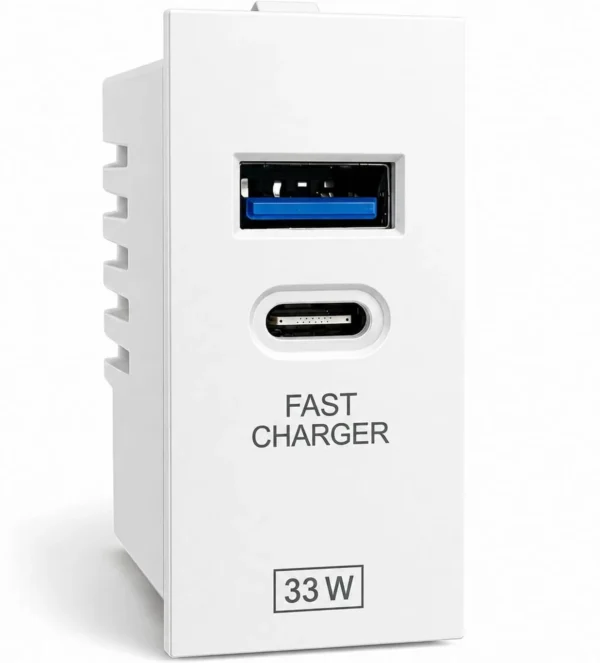 Hosper 33W Fast Charger Wall Socket Module | Dual Port USB + Type-C | Smart Charging 2.5 A Single Pin Socket